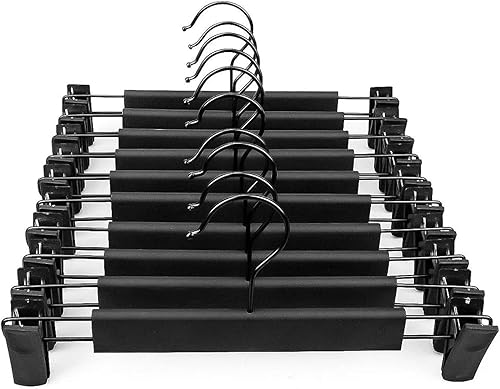 Perchas para pantalones, perchas de plástico negras para pantalones con 2 clips ajustables antioxidantes, perchas para faldas y 360 ganchos