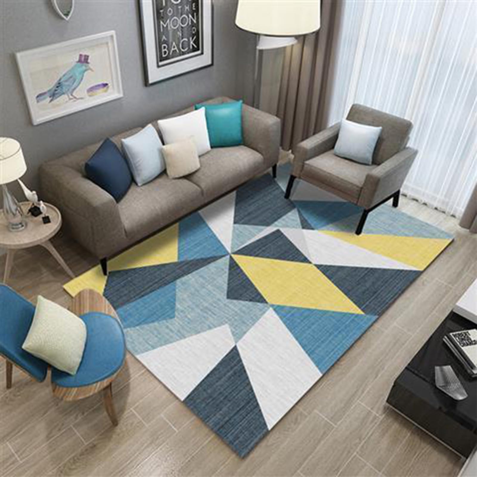 Tapis de Salon Scandinave, Motif Géométrique Losange, Bleu et Jaune, Imitation Cachemire, 120x160 cm, Antidérapant
