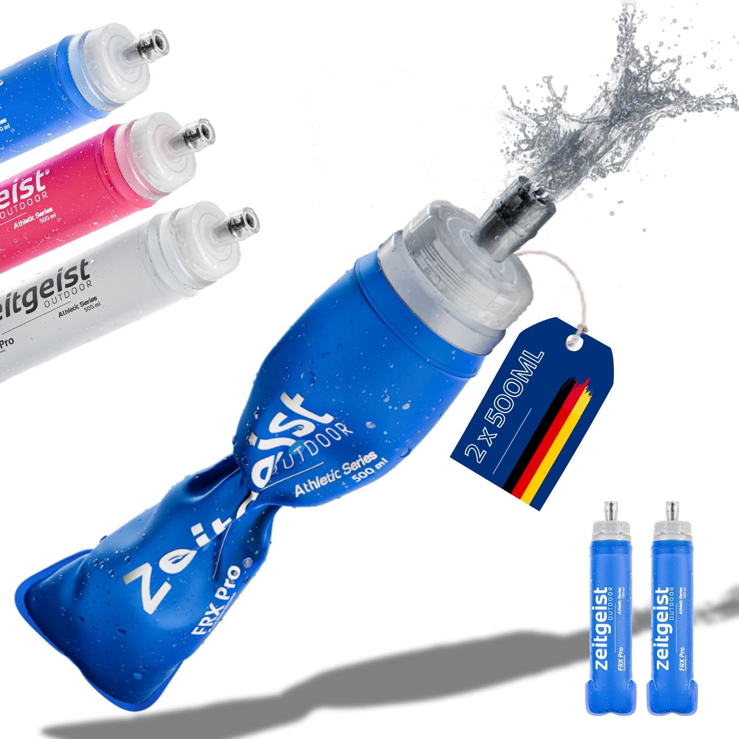 zeitgeist OUTDOOR Soft Flask 500 ml FRX Pro (2er Set) Laufflasche TPU, BPA-frei, Faltflasche, faltbare Trinkflasche für Laufen Trail Running Radfahren Joggen Sport (blau)