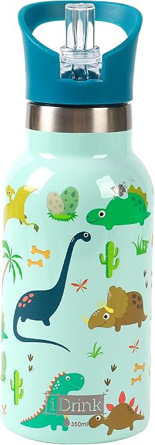 IDRINK® Revolutionary Kids Thermal Bottle, Double Walled, Stainless Steel, 350 ml Bottle Capacity (Dino)