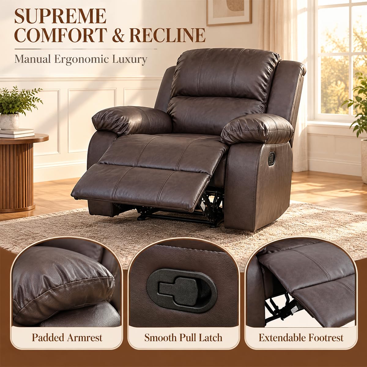 Toseslo Manual Recliner Chair Set, Living Room Furniture Sets with Adjustable Footrests, Modern Single Reclining Sofa Chair, Leather Reclining Couches, Recliner Furniture for RV/Apartment(Brown) view 4