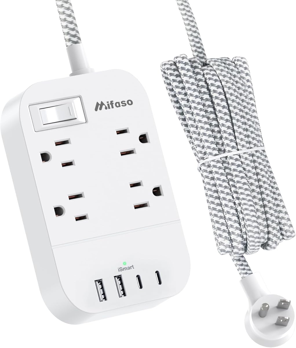 Power Strip Long Extension Cord - 10Ft Braided Extension Cord with Flat Plug, 4 Outlets and 4 USB Charging Ports, Overload Protection and Wall Mount for Home, Office