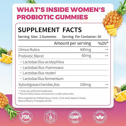 Miniatura 6 de Gomitas probióticas femeninas para mujeres con olmo resbaladizo y prebióticos, apoya el equilibrio del pH, la salud digestiva e inmunológica, sabor