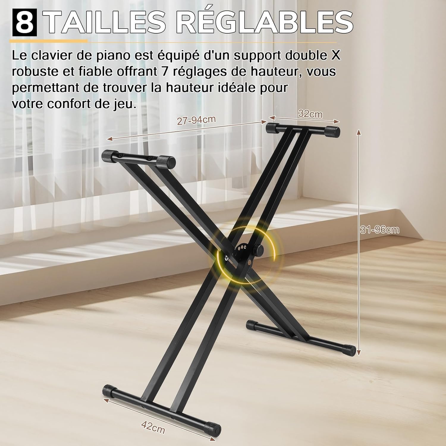 LEADZM Piano Numérique Semi-Marteau 88 Touches, avec Support en Forme de X à Double Tube, Clavier Électronique avec Pédale de Sustain, MIDI, Pupitre de Partition, Écouteurs (Noir)