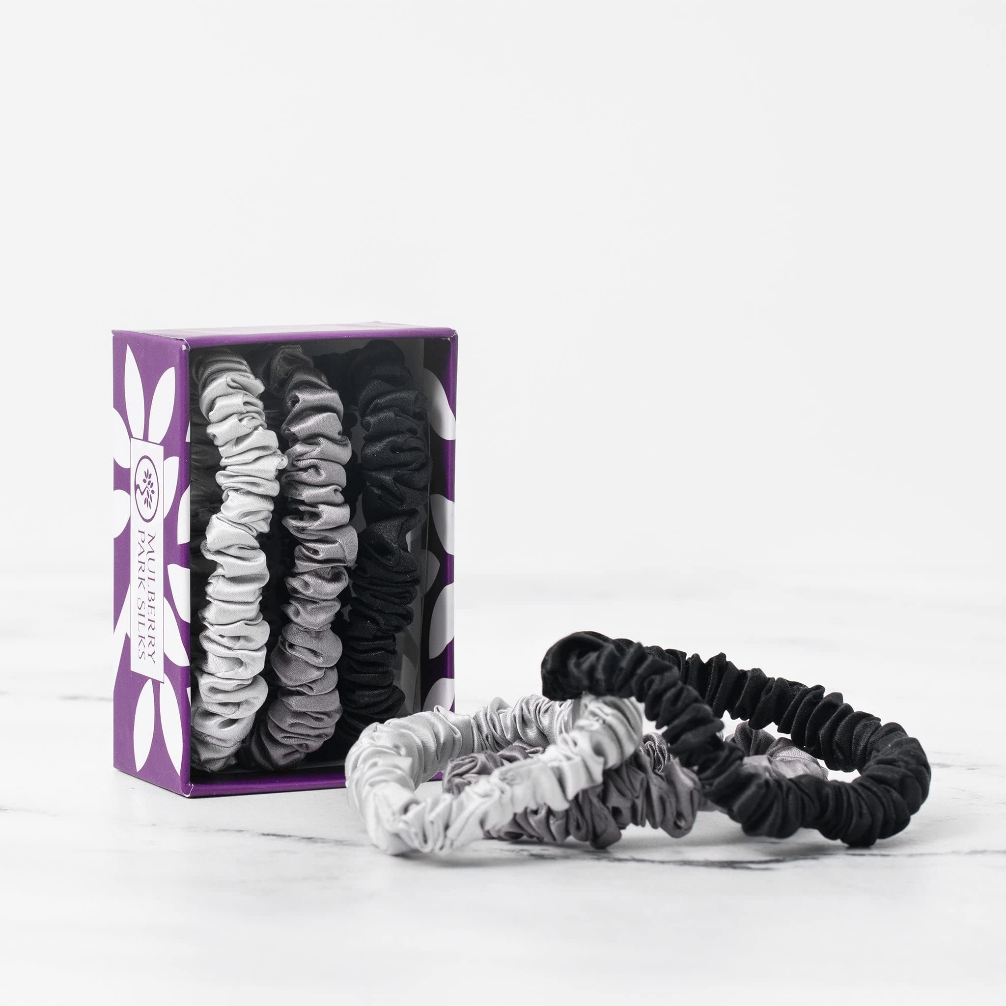 Mulberry Park Silks 100% Pure Silk Scrunchies, 3 Pack - Prevents Frizz, Reduces Breakage, Gentle On All Hair Types, Hair Accessories - Small (Black/Silver/Gunmetal)