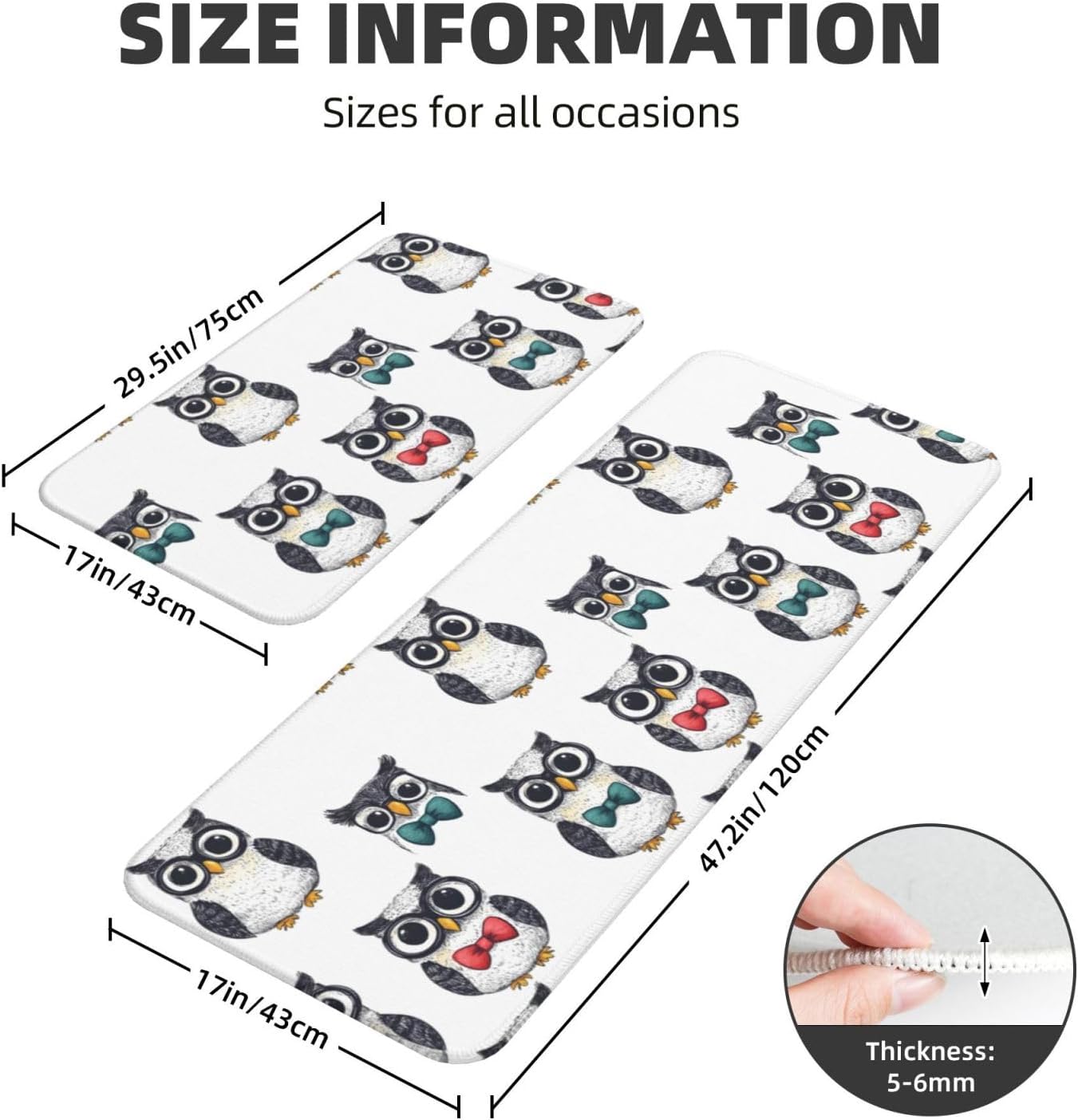 Bow Tie Owl Print Kitchen Rugs Sets of 2 Non Slip Washable, Anti Fatigue Kitchen Mats for Floor, Home Decor