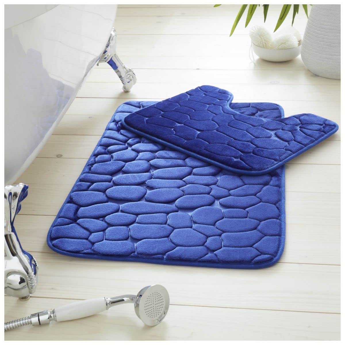 GC GAVENO CAVAILIAPremium 2 Piece Pebble Bath Mat Non Slip Pedestal Set, Extra Absorbent 100% Memory Foam Bathroom Toilet Rug, Regular (50x80, 50x40 cm), Royal Blue