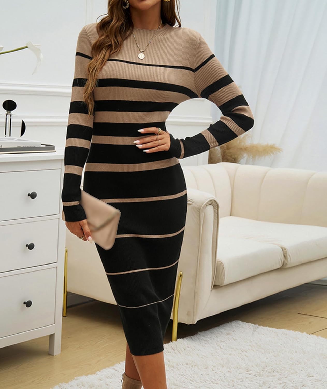 Sexyshine Women's Crewneck Striped Bodycon Sweater Dress Long Sleeve Colorblock Ribbed Knitted Slim Fit Long Pencil Dresses - Image 5