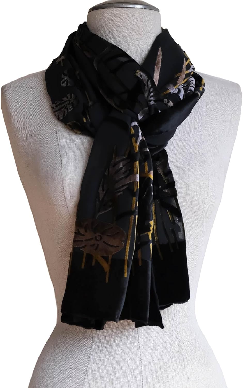 Silk Base Burn-out Velvet Shawl, 72" L x 21" W, Reed Catkin, Black Gold - Image 6