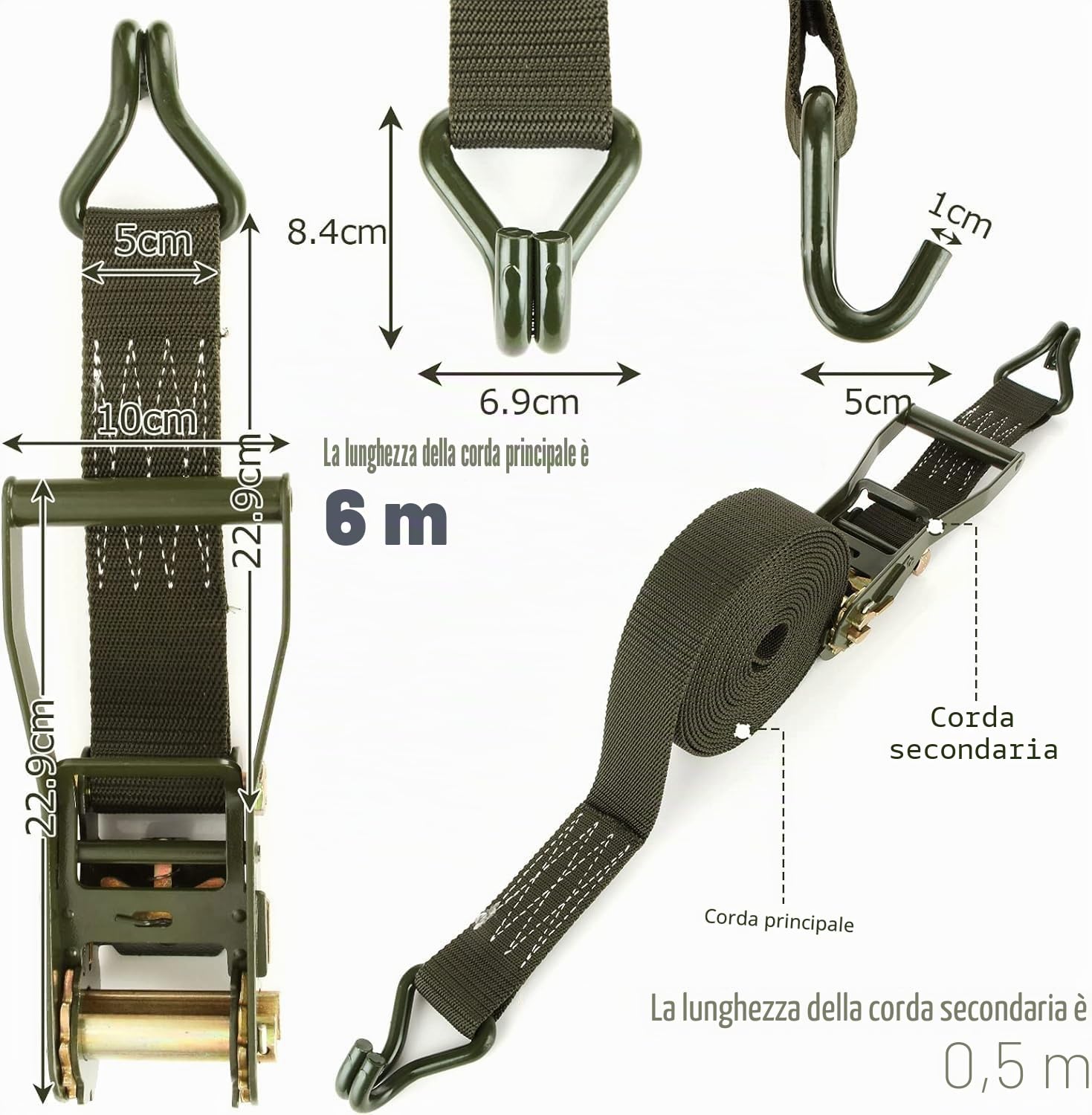 2 Pezzi Cinghie a Cricchetto 50mm x 6m, 3000kg Capacità di Carico, Cinghia di Fissaggio con Gancio J per Auto, Camion, Moto, Legare Carichi, Poliestere Resistente