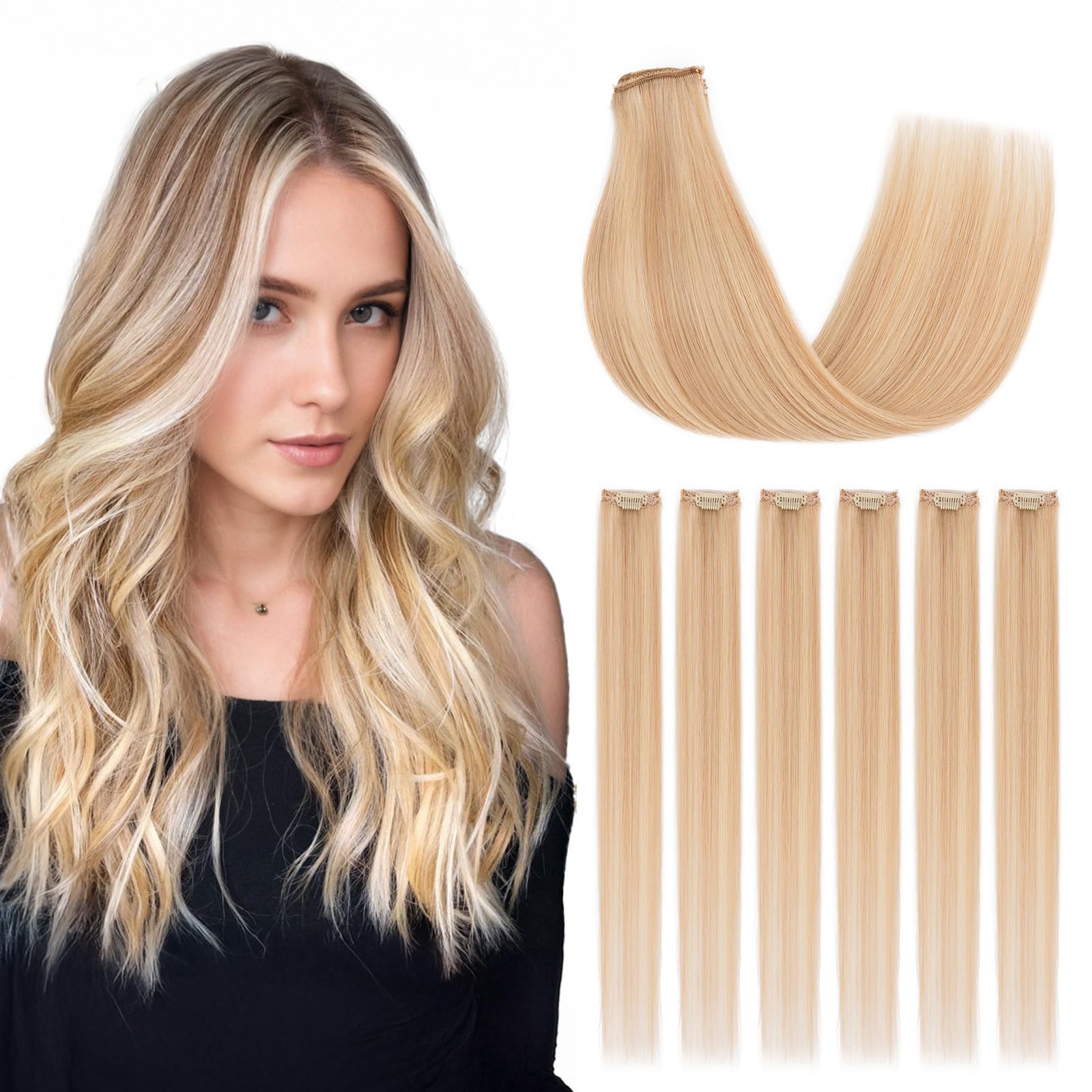 Silk-co Clip in Hair Extensions Real Human Hair Extension Double Weft With Lace Coverd Clip in Silky Straight Very Thin Highlight efffect for Women 6PCS 6Clip 10In #18P613 Ash Blonde&Bleach Blonde 31g