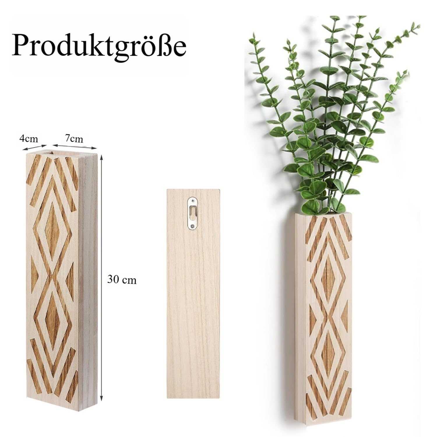 Boho Deko Wandvase Holz 3 Stück Wand Pflanzgefäße Holzvase Innenbereich Wandbehang für Grünpflanzen Getrocknete, Wohnzimmer Wanddekoration Trockenblumen Wandvase (Kiefernholz(ohne Pflanzen))