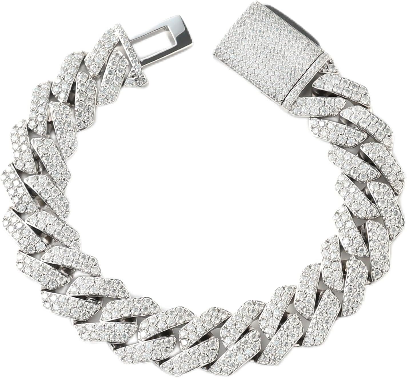 LuxeFlex Moissanite Prong Cuban Link Bracelet/Necklace for Men Women, VVS D Color Moissanite, 5 Times Rhodium Plated, White Gold Iced Out Hip Hop Jewelry with Box Clasp (10mm/12mm/14mm/20mm)