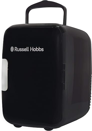 Russell Hobbs Mini Cooler RH4CLR1001B 4L/6 Can Portable Mini Cooler & Warmer for Drinks, Cosmetics/Makeup/Skincare, AC/DC Power, Retro Style, Black, For Bedroom, Home, Caravan, Car