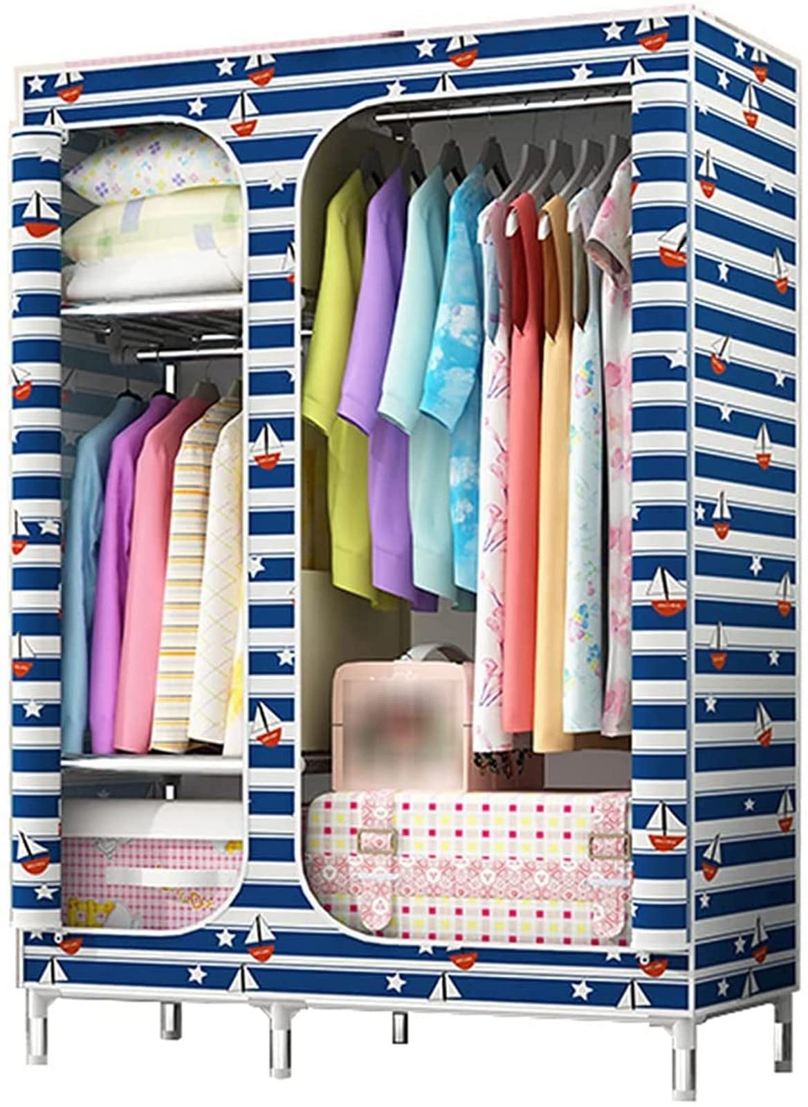 Generisch Tragbarer Kleiderschrank, Stoff-Kleiderschrank, 2-türiger Kleiderschrank, Schlafzimmer-Montage-Kleiderschrank, offener Eck-Kleiderschrank, Metallhalterung, stabile Kleiderschrank-T