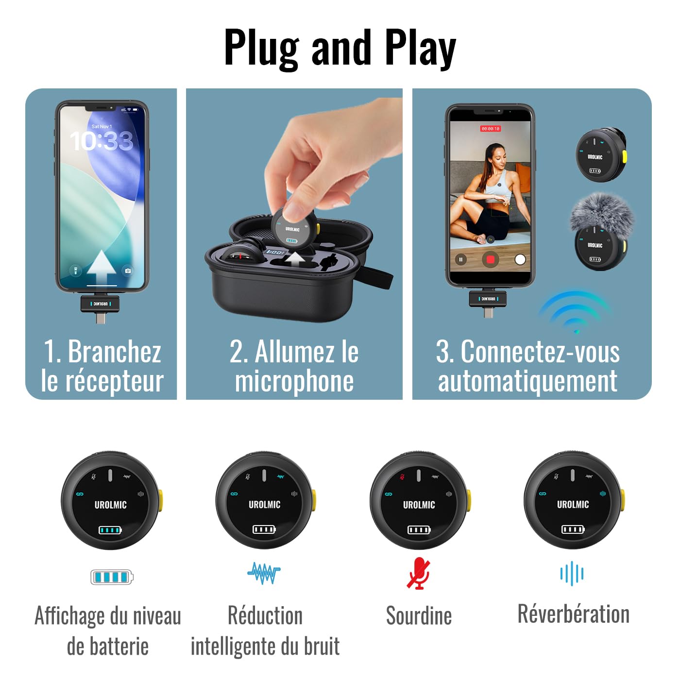 Micro Cravate Sans Fil 2-en-1 Compatible iPhone Android, Autonomie 40h, Portée 55m, Réduction du Bruit, Fixation Magnétique, pour Enregistrement Podcast