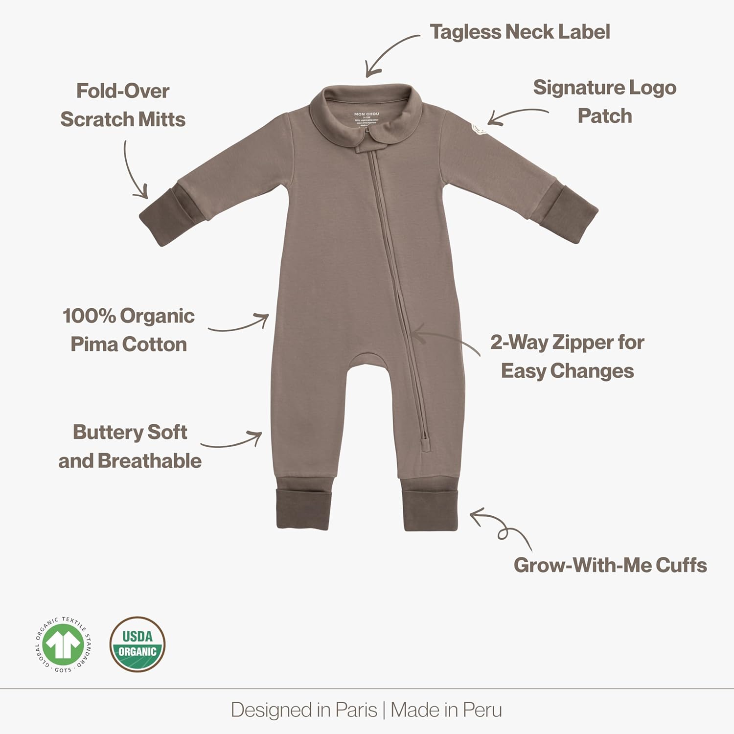 MON CHOU 100% Organic Pima Cotton Baby Pajamas | 2-Way Zipper, Convertible Footie & Mittens | Unisex - Sizes 0–18 Months - Image 2