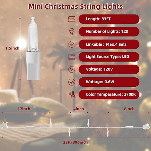 Miniatura 5 de Luces de Navidad, 120 luces LED de 33 pies, mini luces LED para árbol de Navidad, impermeables, luces de hadas de alambre verde para decoración de