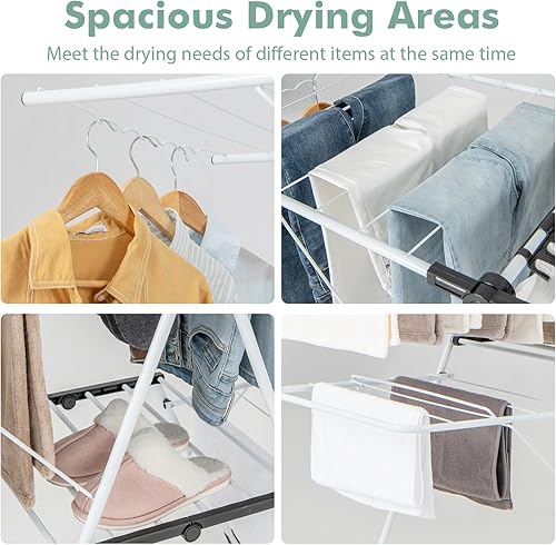 Miniatura 7 de Giantex Estante de secado de ropa, 2 capas de acero inoxidable plegable, con altura ajustable de 6 niveles, clips útiles, ahorro de espacio,