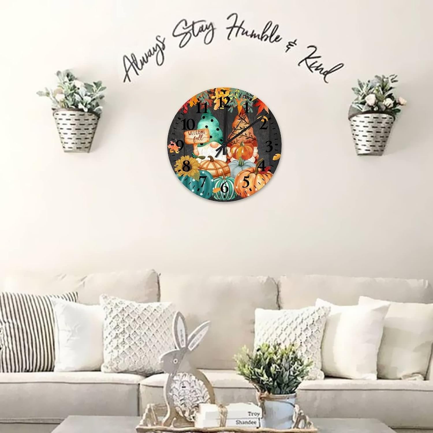 Welcome Fall Gnome Pumpkins Wooden Clocks 12 Inch, Thanksgiving Autumn Halloween Rustic Wood Wall Clock Silent & Non-Ticking Round Arabic Numbers Clock for Dining Room Decor