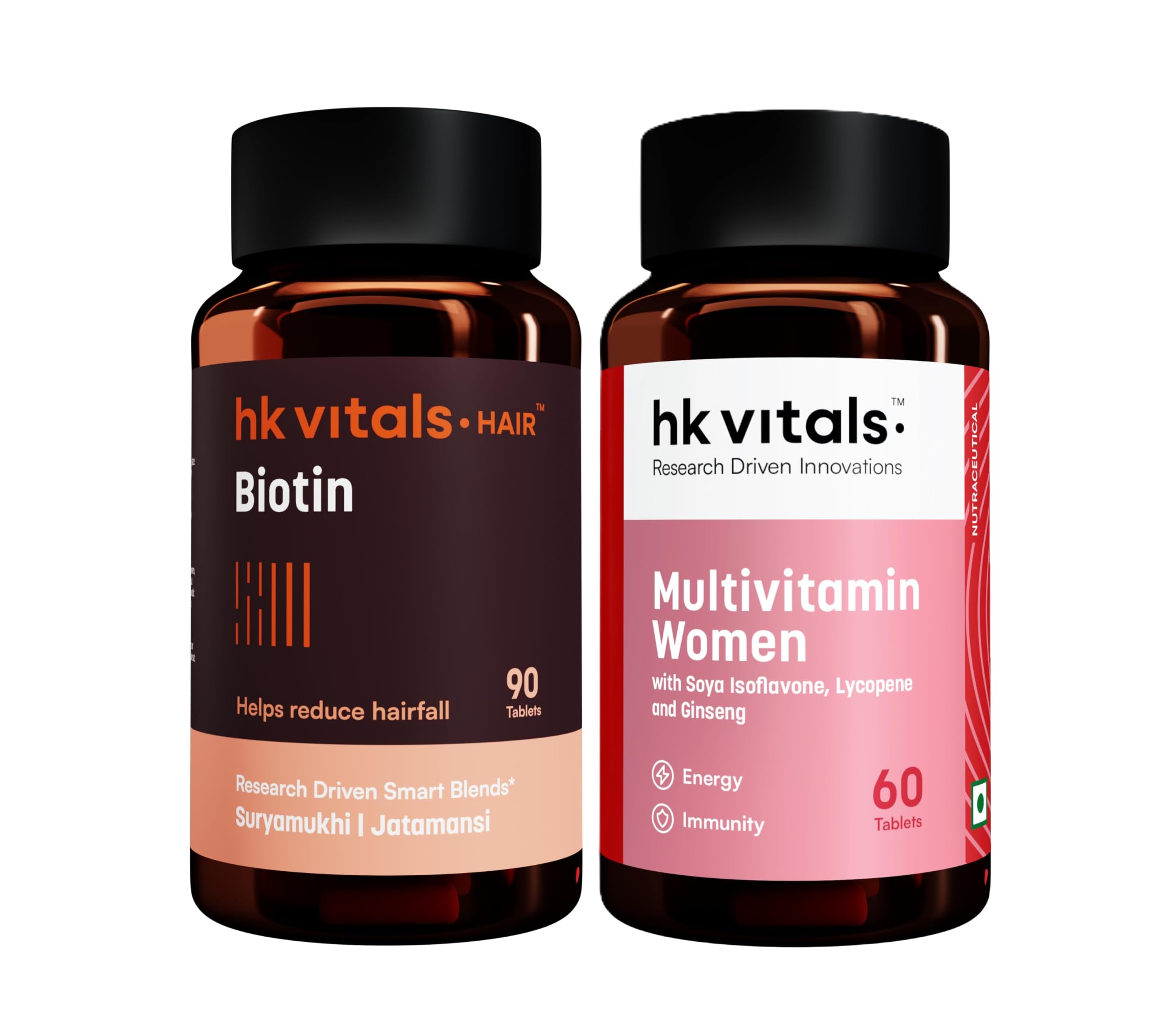 hk vitals Biotin, 90 Tablets + Multivitamin Women, 60 Tablets | Supplement for Hair Growth, Strong Hair and Glowing Skin, Fights Nail Brittleness