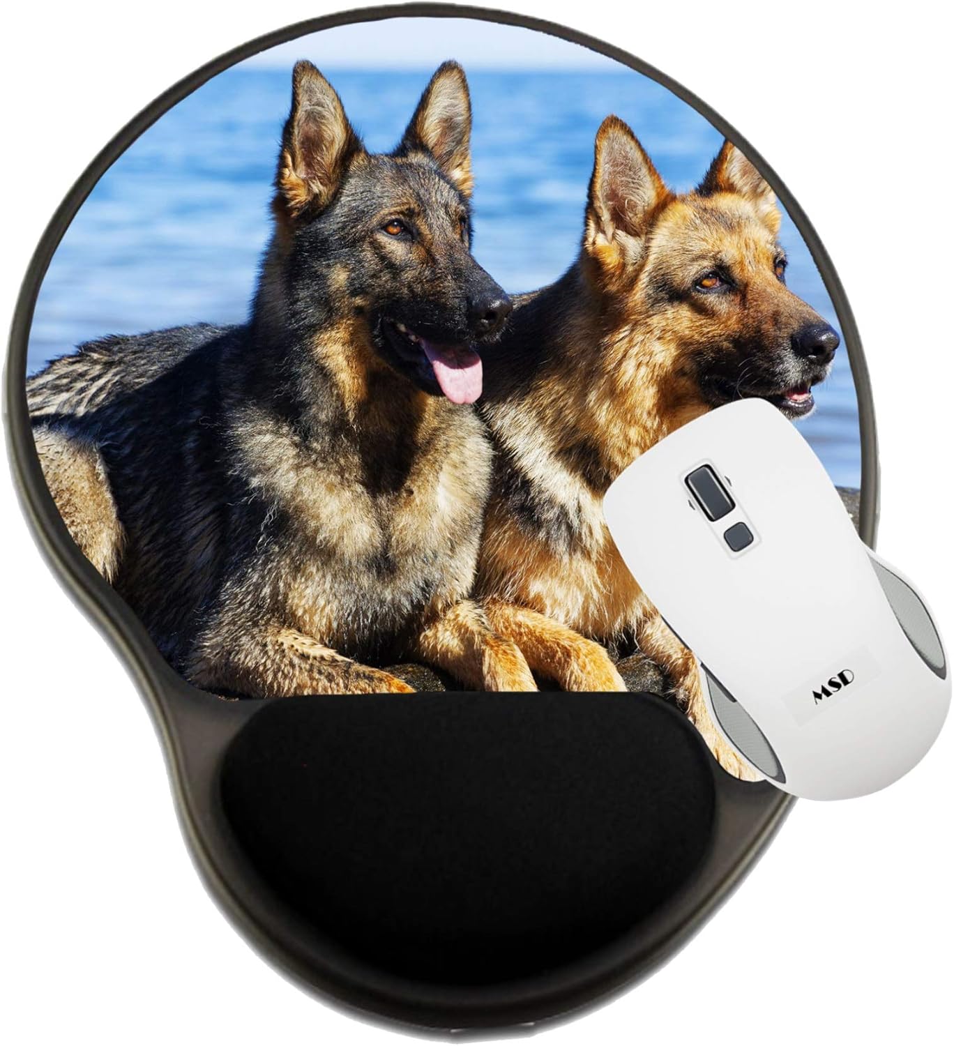 MSD Mousepad Wrist Rest Protected Mouse Pads, Mat with Wrist Support, Image ID: 20943772 two wet German Shepherds sitting on The stone