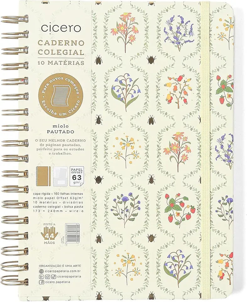 CADERNO ESPIRAL JARDIM PAUTADO 17X24 OFF WHITE 10 MATERIAS 160 FLS