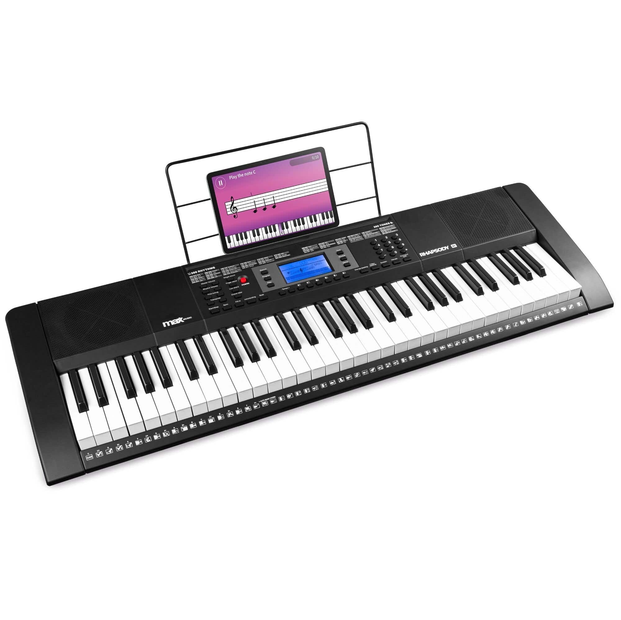 MAX Rhapsody61 - Tastiera elettrica con cuffie, 61 tasti, 300 campanelli, 300 ritmi, 50 canzoni demo, insegnamento intelligente della musica con tastiera, tastiera per principianti con altoparlanti