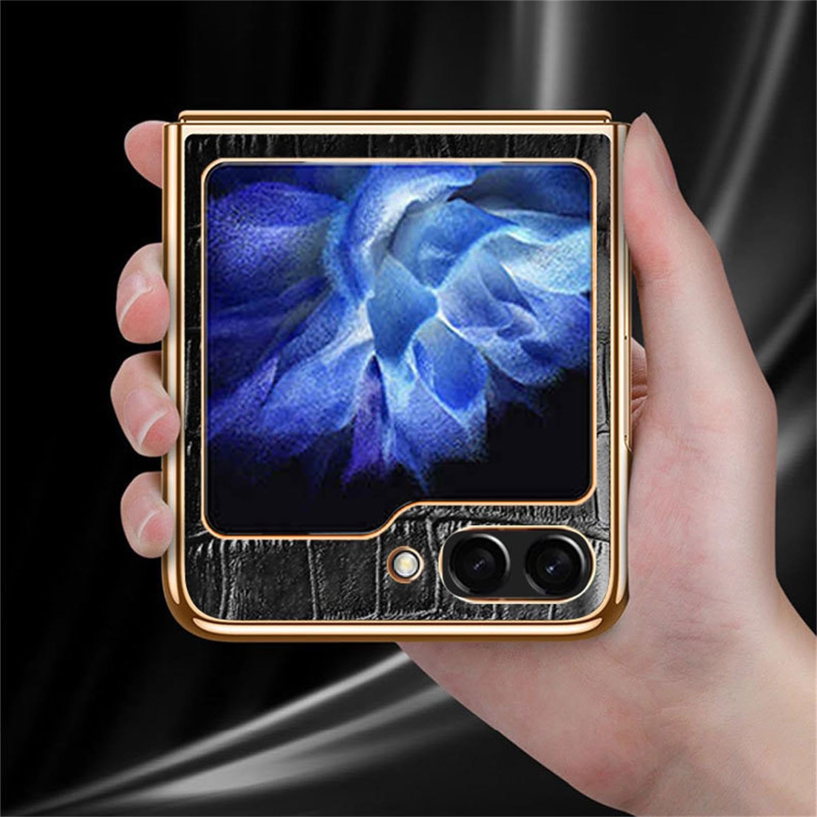 Custodia per Samsung Galaxy Z Flip 5, Classico Modello Coccodrillo Sottile Vera Pelle Galvanizzata Cover Posteriore Rigida per PC con Protezione Fotocamera Custodia per Telefono in Vera Pelle