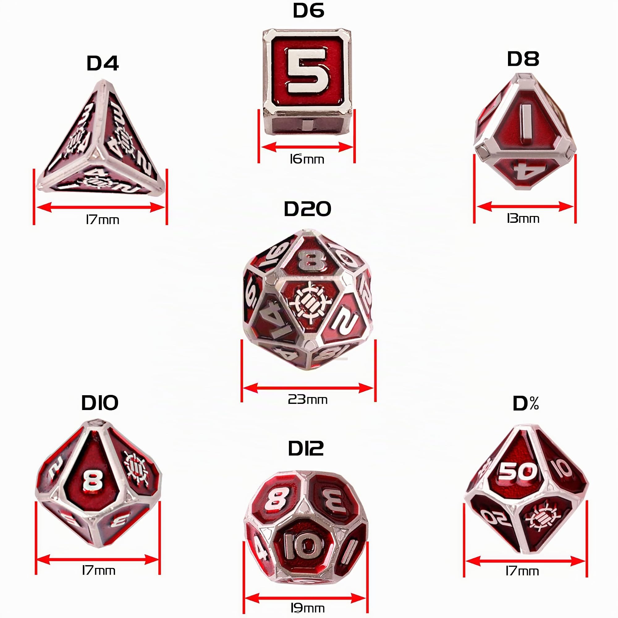 ENHANCE DND Metal Dice Set - 7 Dés Polyédriques avec Sac à en Cuir Végétalien 2 en 1 et Plateau à, D&D en Métal Solide pour Donjons et Dragons, RPG (Édition Collector Rouge)