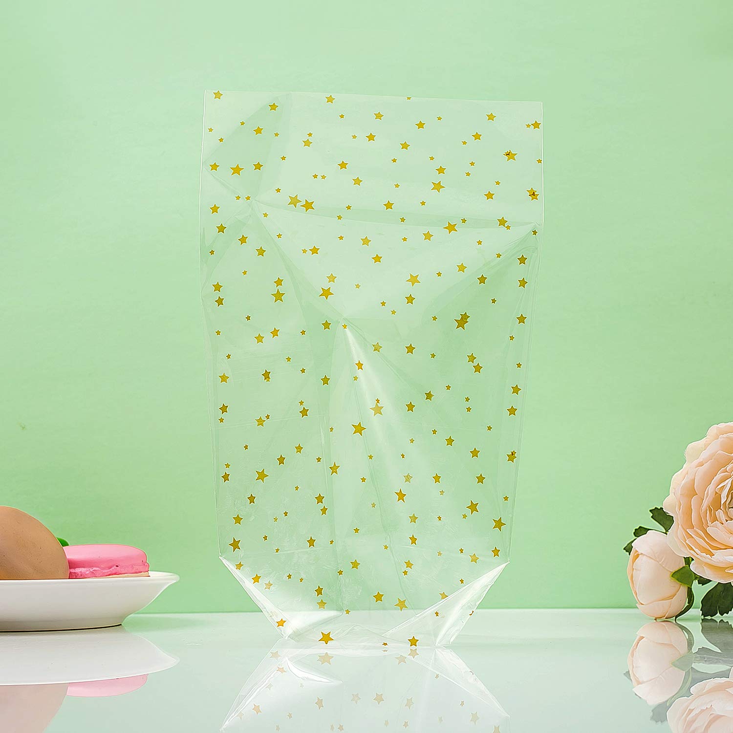 100 Bodenbeutel Sterne Gold Set,Transparent OPP Geschenk Tüten Beutel mit Band Kreuzbodenbeutel Verpackung Keksbeutel Kekstüten Gebäckbeutel