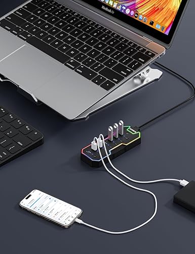 Miniatura 8 de ZIUMIER Hub USB 3.0, expansor USB de 7 puertos con tira LED RGB, concentrador USB para laptop, interruptores LED individuales de encendidoapagado