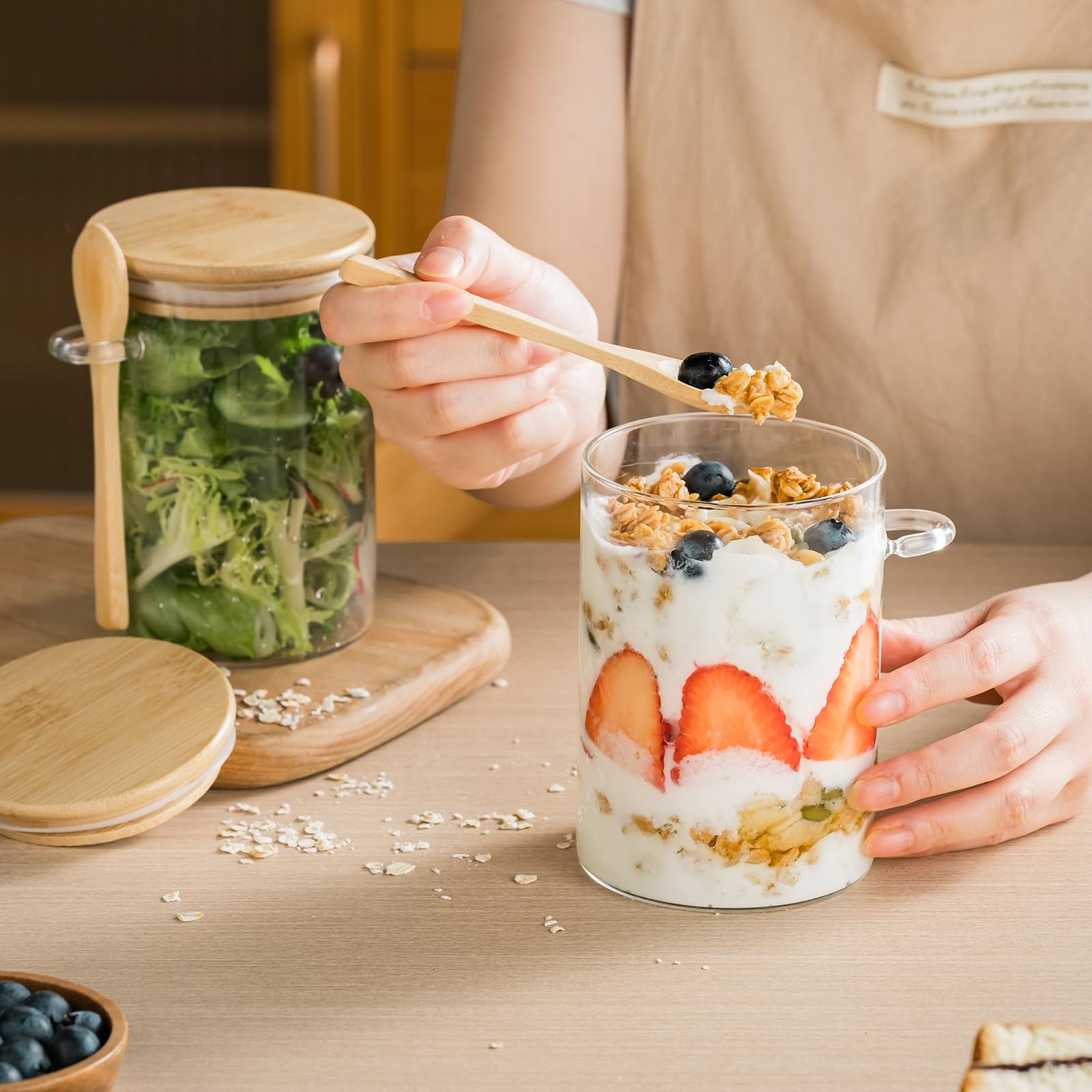 Paquete de 6 tarros de vidrio de 16 onzas con tapas y cucharas de bambú, recipiente de avena durante la noche, recipientes de vidrio para yogur, ensalada, azúcar, avena, cereales 4