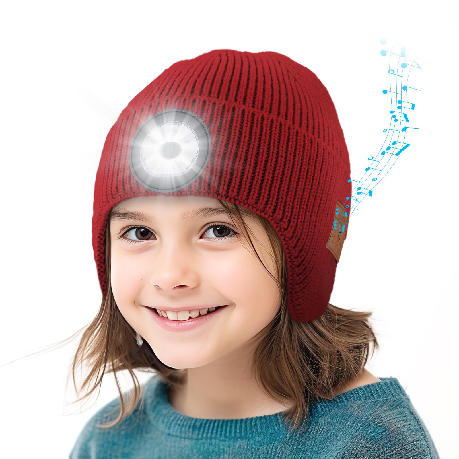 Bluetooth Beanie Hat with LED Light for Kids, Built-in Microphone and Stereo Speakers Upgrade Music Knitted Hat USB Rechargeable Music Hat (Red, Kid)