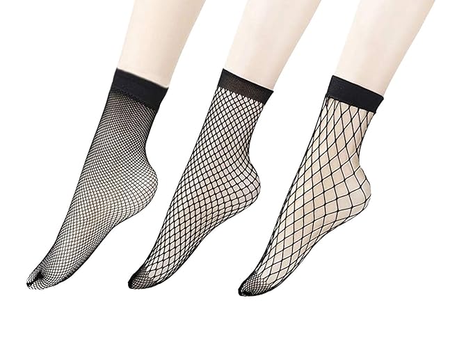 PENTA ANGEL 3 Pairs Women Black Lace Fishnet Socks Elastic Ankle High Dress Hollow Out Mesh Net Socks Tights for Summer Wear