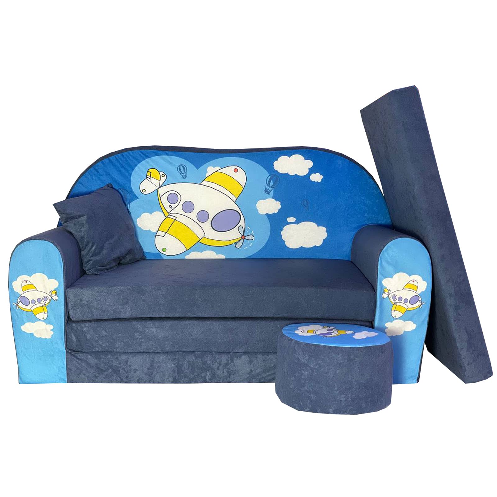 FORTISLINE Kindersofa XXL 2-Sitzer ausklappbar - Kindercouch mit Hocker und Kissen, Kinderzimmer Sofa mit Liegefläche bis 160 cm, Oeko-TEX, hergestellt in der EU, Flugzeugmotiv