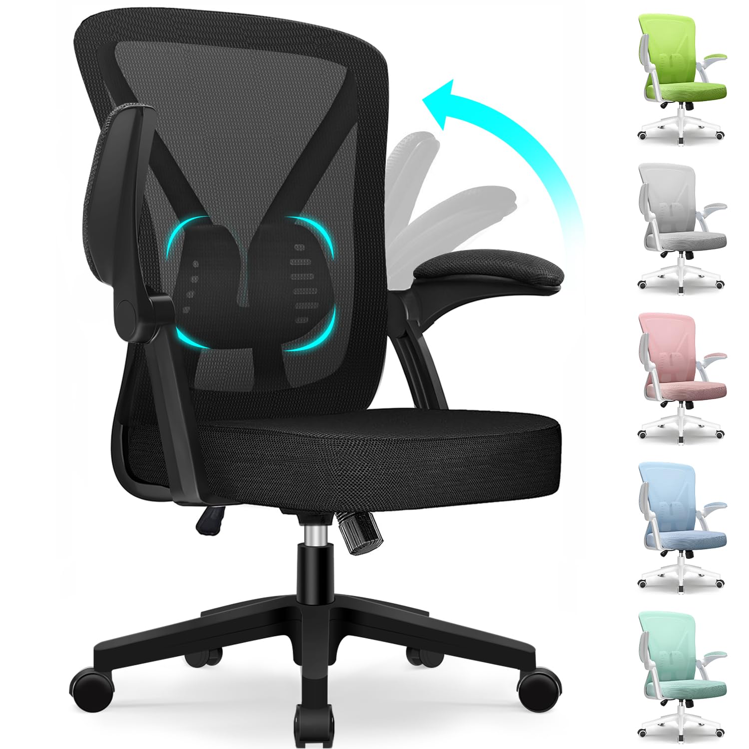 Hinonde Bürostuhl,Schreibtischstuhl mit Hochklappbare Armlehnen und Wippfunktion,360°Drehstuhl,Höhenverstellbarer Bürostuhl ergonomisch Home Office Stuhl mit Atmungsaktivem Netz,Bis zu 150kg