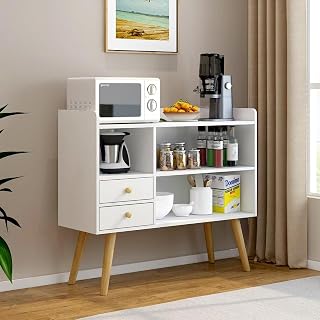 Kitchen Cabinet, Wooden Leg Sideboard Cabinet with Door and Open Shelves for Living Room Bedroom and Kitchen, Small Storage Cabinet for Tea and Coffee, ZWG008 (White)
