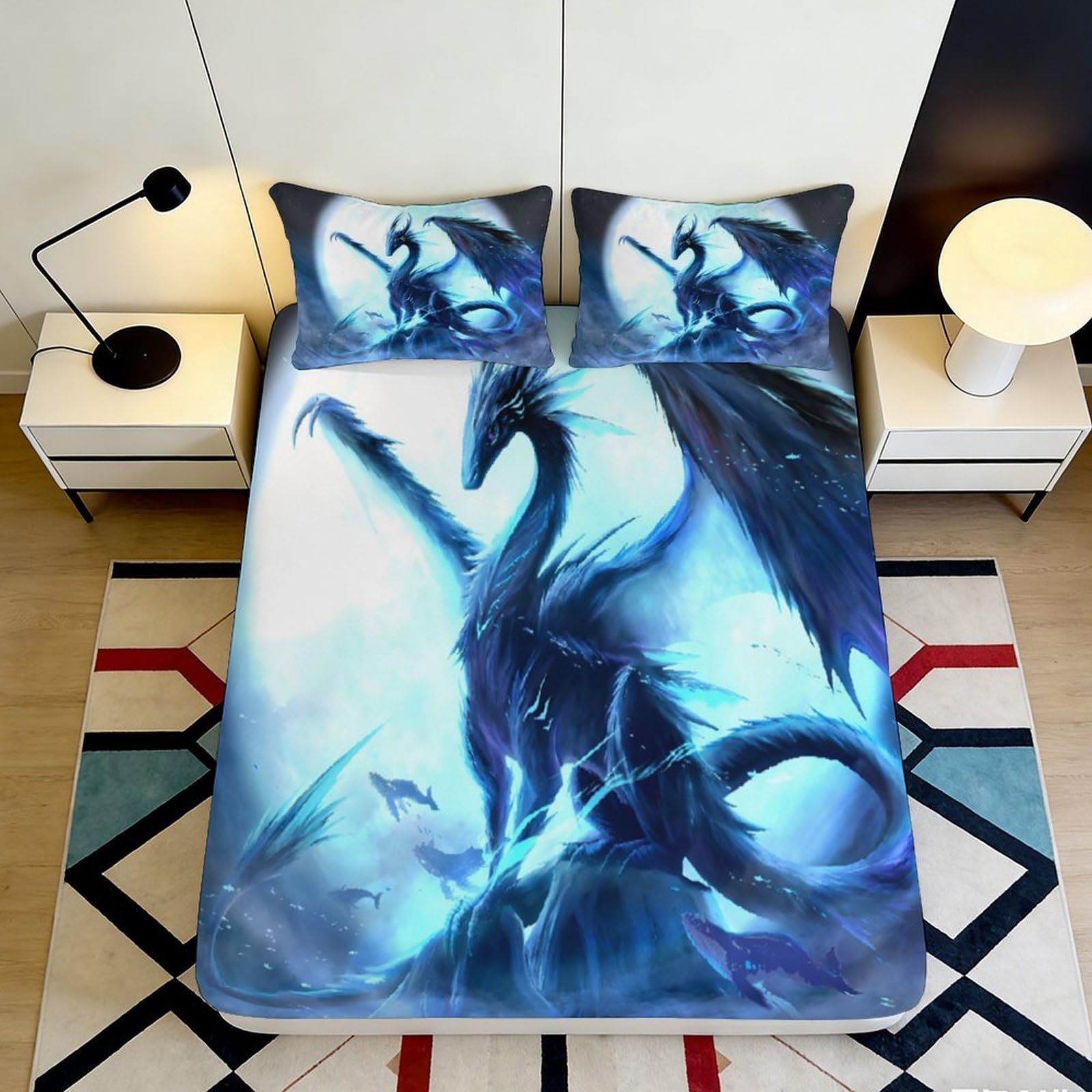 3D Printed Ice Blue Dragon Fitted Sheet Microfiber Deep Pocket Elastic Hem Ice Blue Dragon Mattress Fitted Cover Bedroom 140x200x25cm