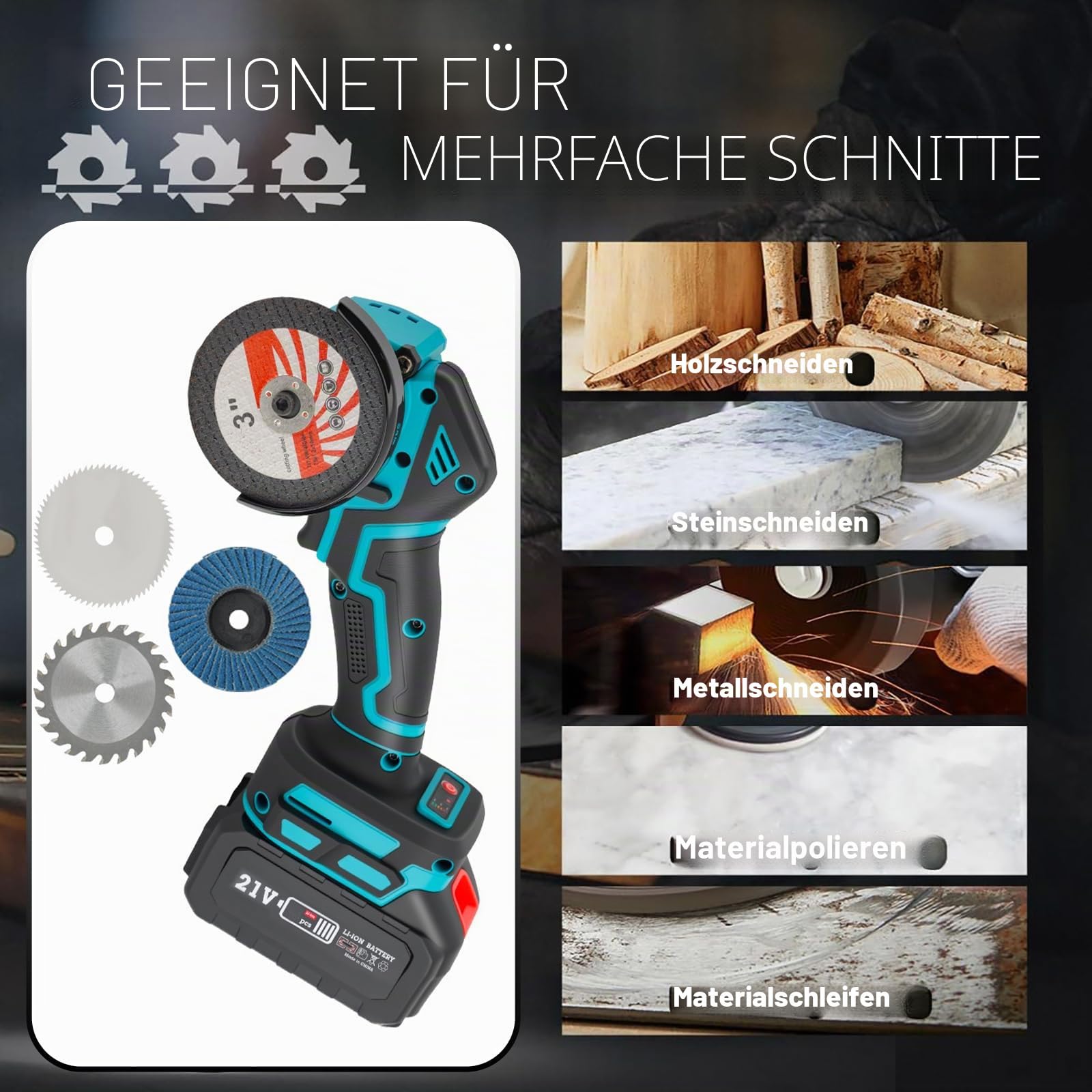 Mini Akku Winkelschleifer, Winkelschleifer Klein mit 2 x 3000mAh Akkus, 7 Trennscheiben und 5 Fächerscheiben 21 V, 19500RPM zum Schleifen und Schneiden für Metall, Fliesen, Kunststoff