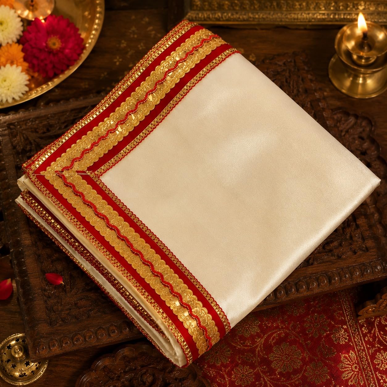 SEER Pooja Aasan Satin Altar Cloth for Mandir, Off White with Red and Gold Border, 39x39 Inch, Pack of 1-image-44