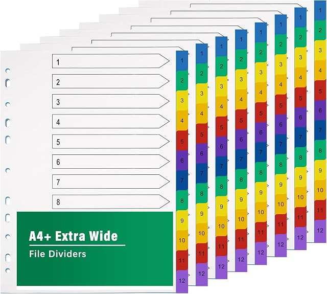A4 File Dividers 12 Part Extra Wide Coloured Tabs8 PackFolder Dividers Coloured Mylar for Lever Arch Files Multipurpose Porous Index Dividers