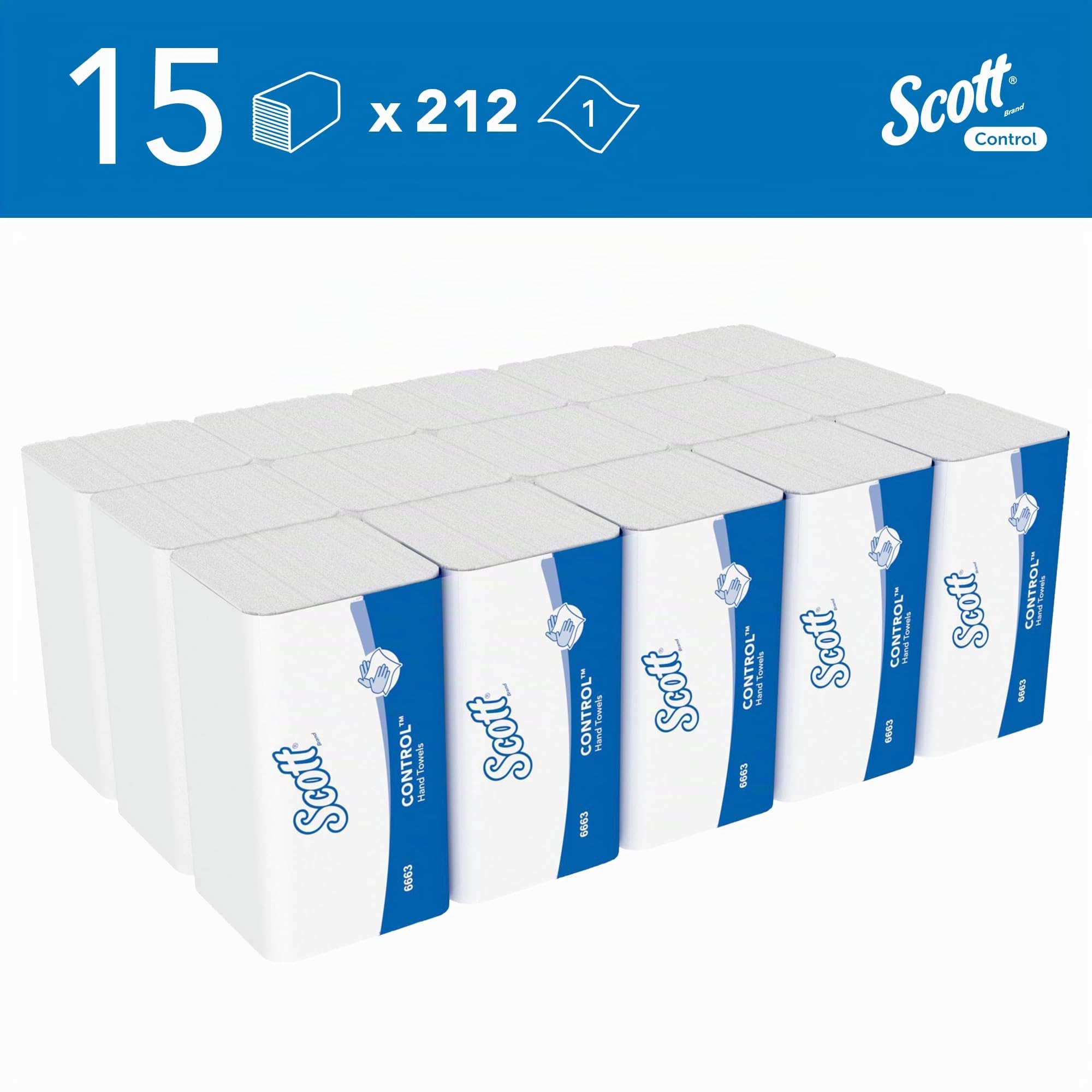 Scott® Control™ Papierhandtücher 6663, Einmal-Papierhandtücher mit Interfold-Faltung und M-Faltung, FSC-zertifiziert, für eine umweltbewusste Händehygiene, 15 Packungen x 212 Tücher (insg. 3.180)