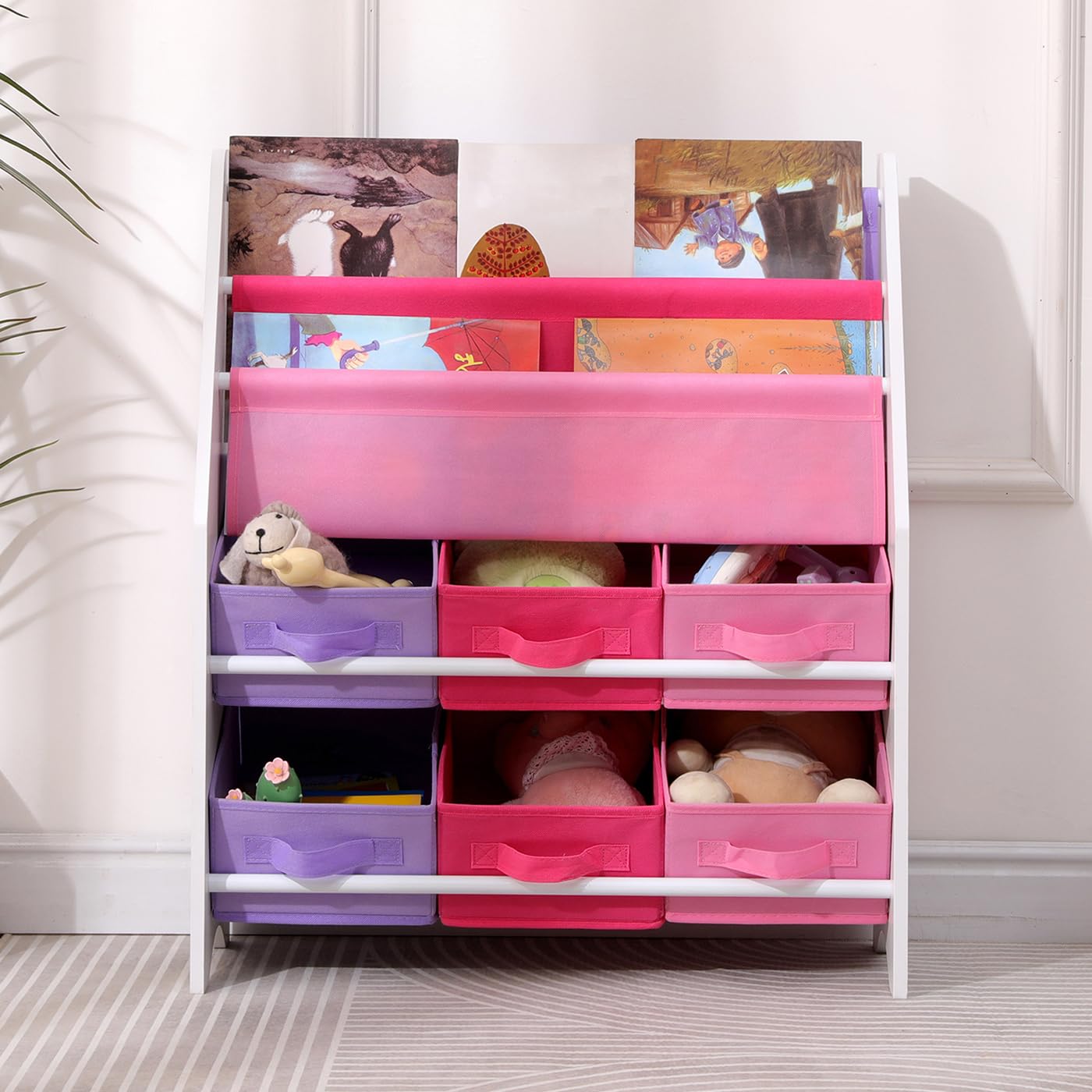 Kinder-Bücherregale, Kinder-Bücherregal-Organizer, Schlingen-Display, Bücherregal mit 6 Spielzeug-Aufbewahrungsboxen und 2 Bücherregalen, Kinder-Bücherregale für Spielzimmer, Kinderzimmer