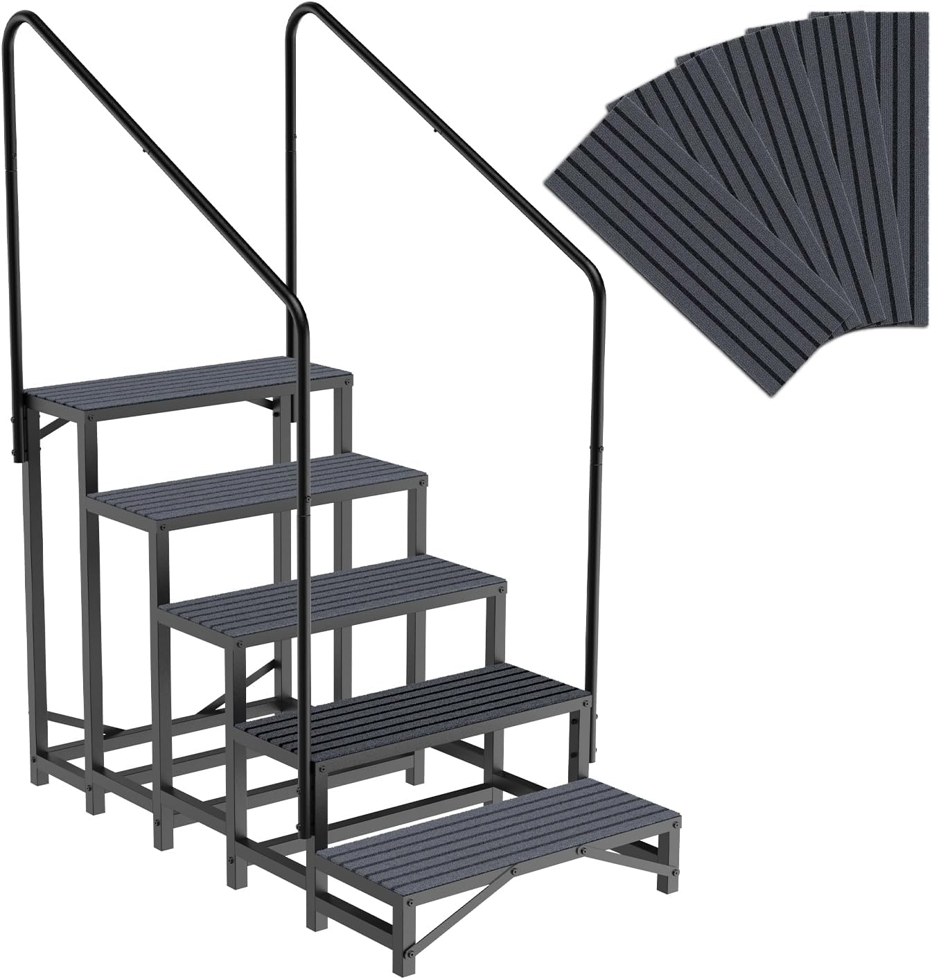 RV Steps with Handrail, 5 Steps RV Stair, Mobile Home Stairs for Camper, Trailer, hot tub, Steps with Non-Slip mat, 660lbs Capacity