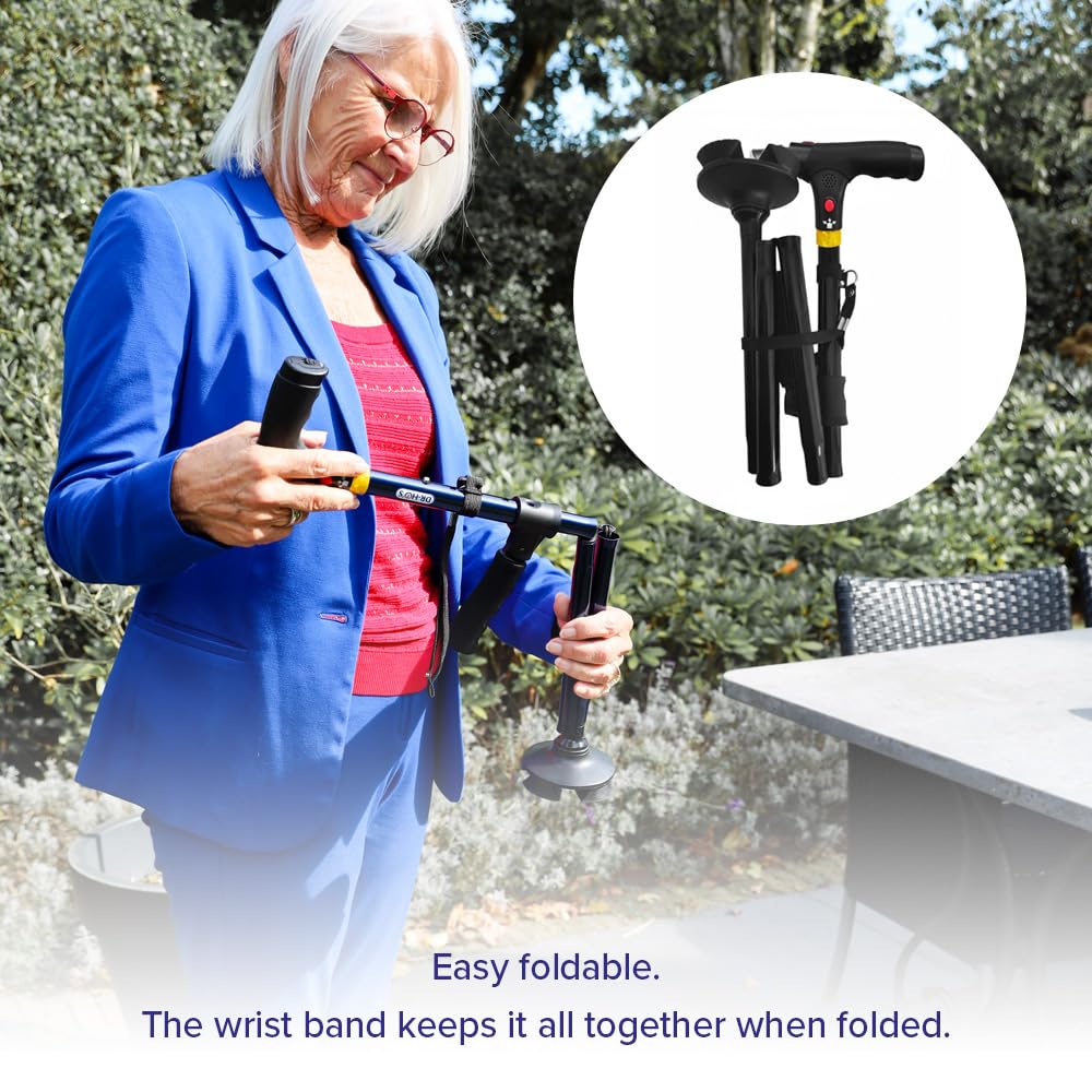 DR-HO'S Get Up & Go - Bastón de lujo plegable, altura ajustable con luz y alarma, base de 4 puntos, soporte de movilidad de doble mango para personas mayores y adultos
