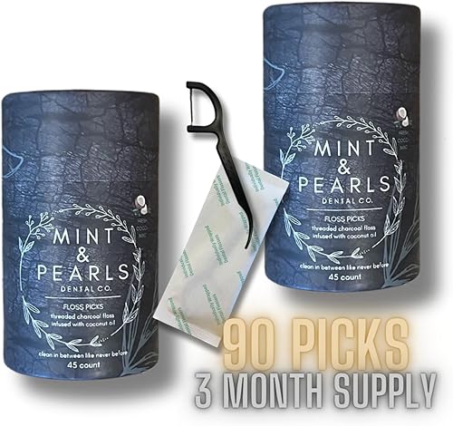 Mint & Pearls Black Paquete de 2 palillos de hilo dental - 90 en total Infusión de carbón y coco