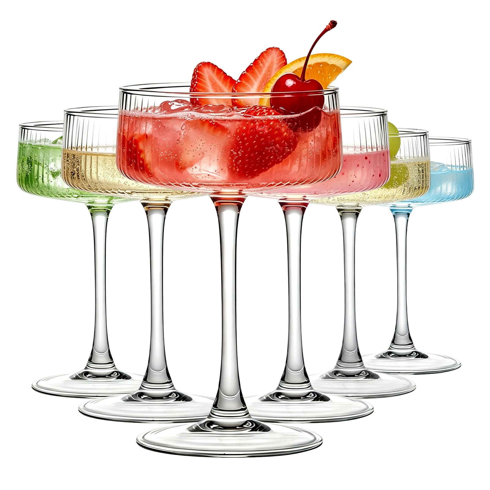 Martini Glasses Set of 6, 265ml Cup Ribbed Glass Set, Vintage Martini Glasses Classic Cocktail Glassware, Bar Drinks Perfect for Champagne Wine Cocktails