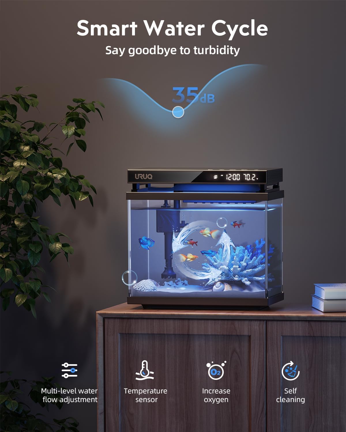 Kit d'aquarium intelligent pour aquarium : pompe à eau silencieuse en verre UHD de 7 gallons, système de filtration multicouche autonettoyant, détection de température, éclairage 7 couleurs pour