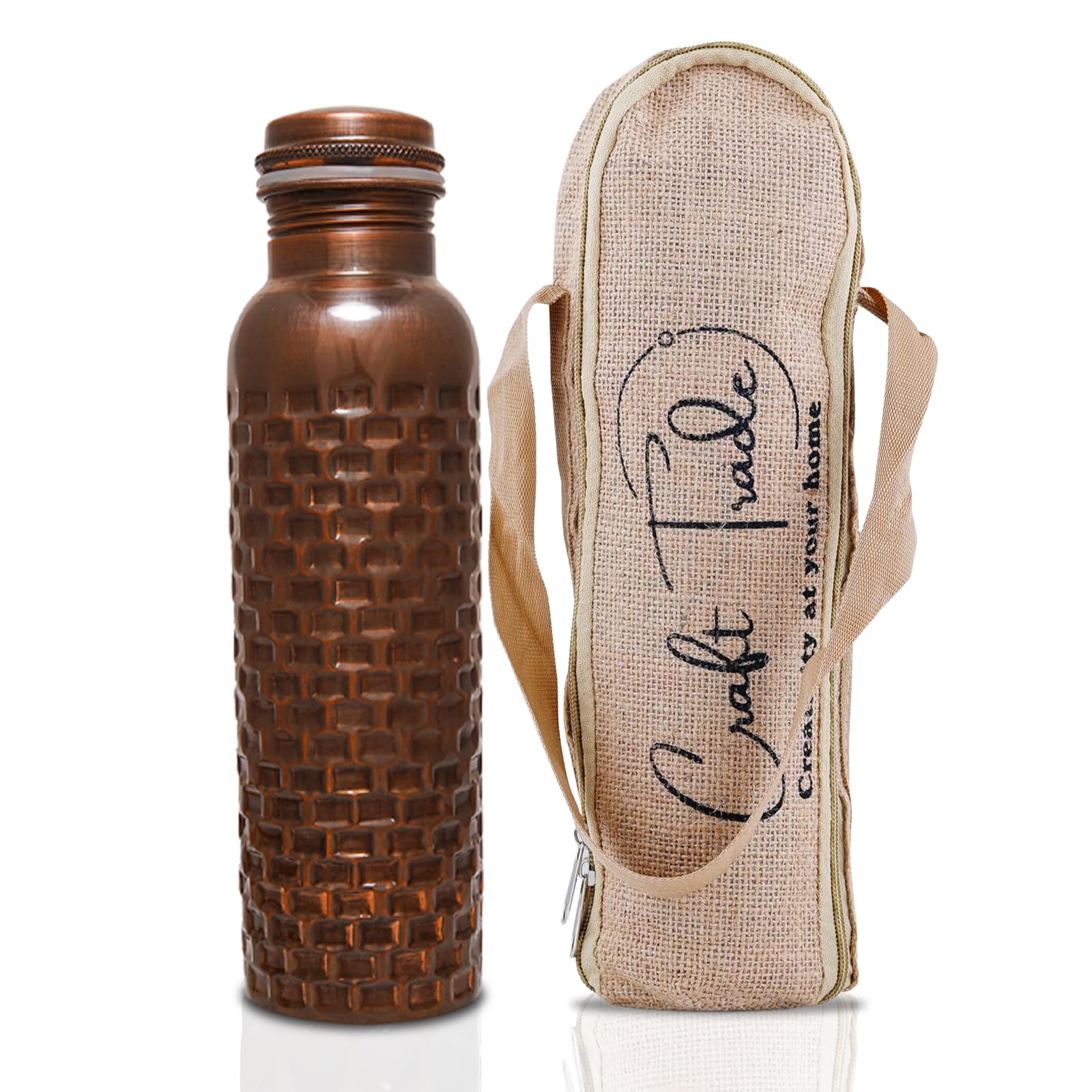 Sponsored Ad - Craft Trade 100% Pure Copper Water Bottle 34 Oz – 1Liter Yoga Bottle, Ayurveda Inspired Antique Travel Vessel for Wellness, Handcrafted in Brick Pattern with Jute Carry Case, Leak-Proof, BPA-Free